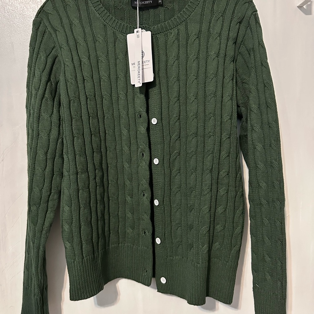 Women’s Cable Knit Open Front Cardigan Sweater, Green, Size Medium, NWT - Picture 2 of 9